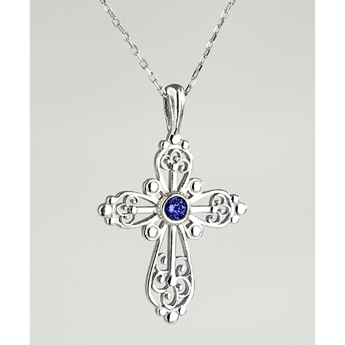 Sterling Silver Filigree Birthstone Cross Necklace - September