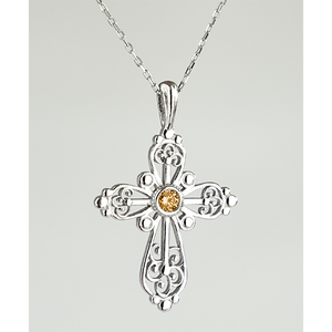 Sterling Silver Filigree Birthstone Cross Necklace - November