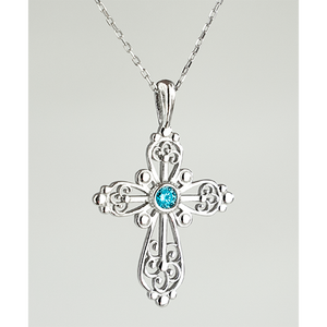 Sterling Silver Filigree Birthstone Cross Necklace - December