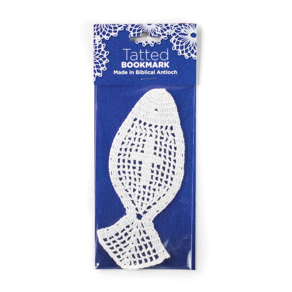 Handmade Tatted Lace Fish with Cross Bookmark – White