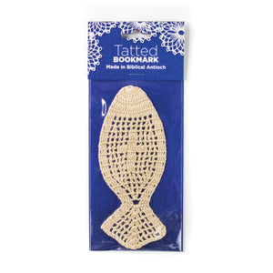 Handmade Tatted  Lace Fish with Cross Bookmark – Beige