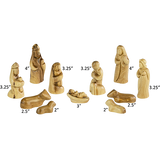 all 12 nativity scene pieces with arrows showing the size of each piece